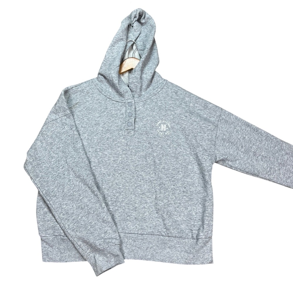 Tommy Hilfiger Sport Hoodie Mens Large Gray Henley Snap Logo Sweatshirt Fleece